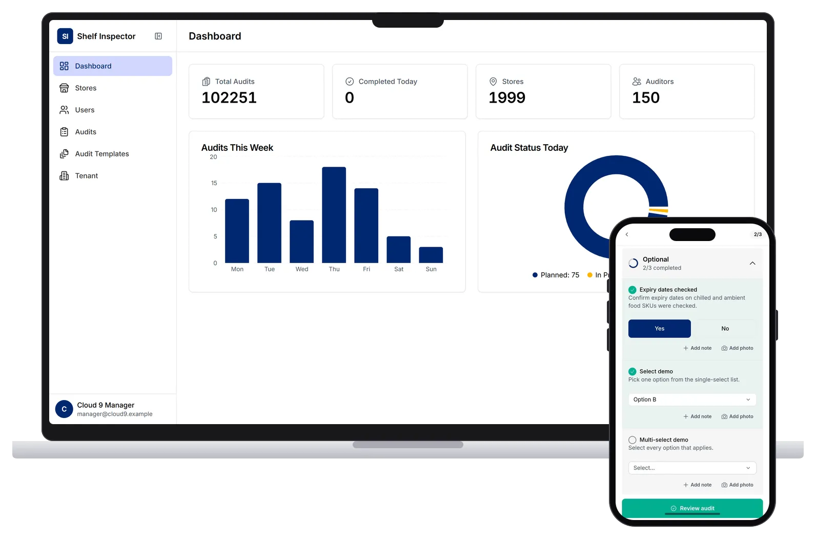 Shelf Inspector management dashboard with the mobile audit screen in front of it