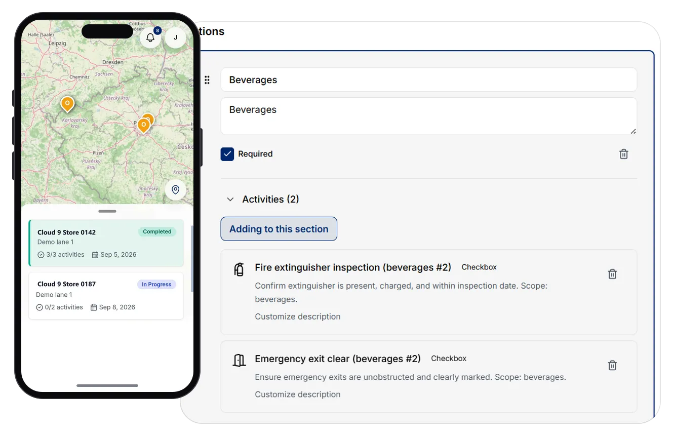 The flow end to end: assign an audit, capture it on the phone, read the scored report
